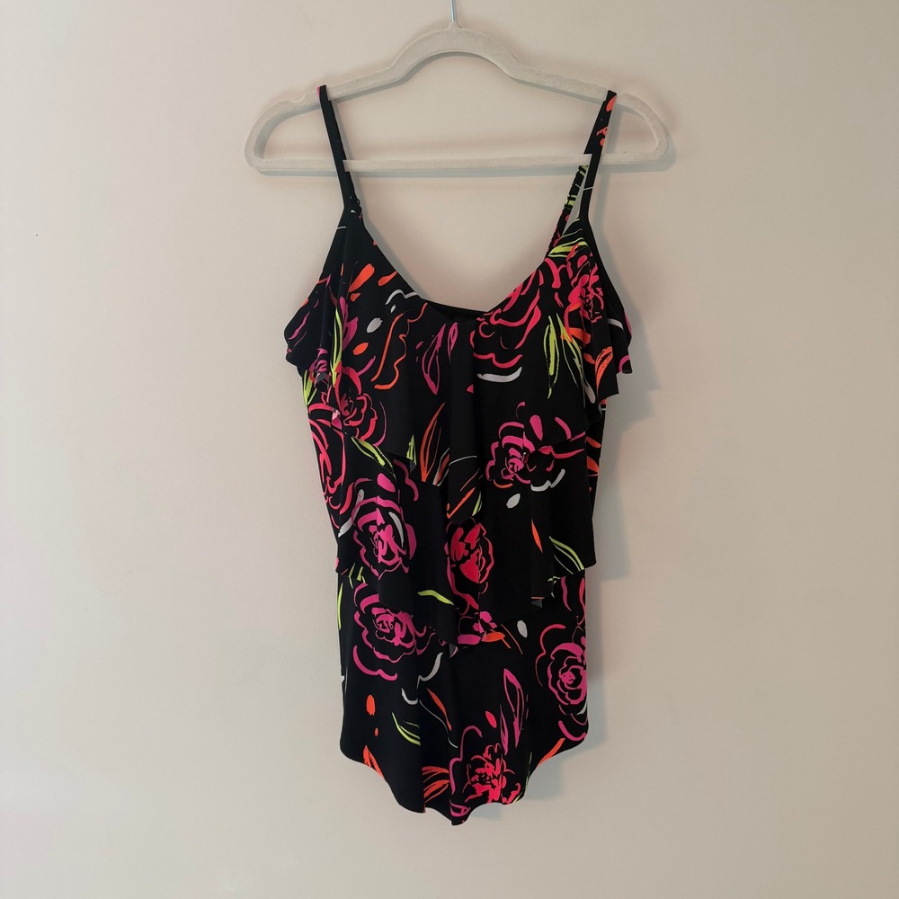 Magicsuit Ruffle Tiered Floral Tankini Top Swimsuit Black Neon Pink Womens Sz 14